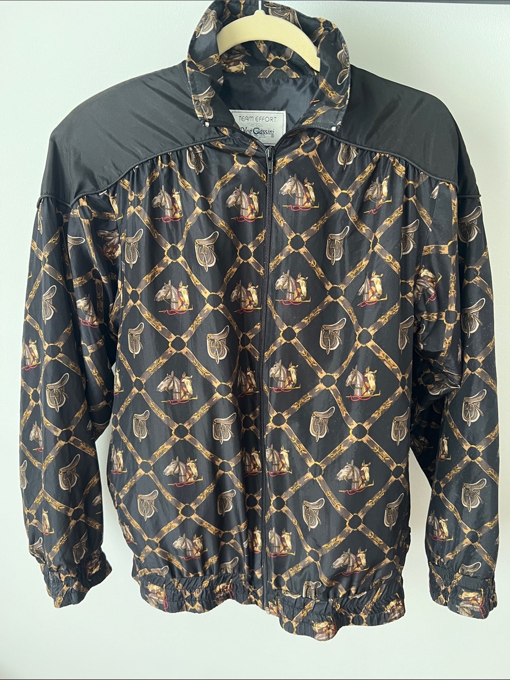 Oleg Cassini Black Windbreaker with Gold and Brown Equestrian Print Size S